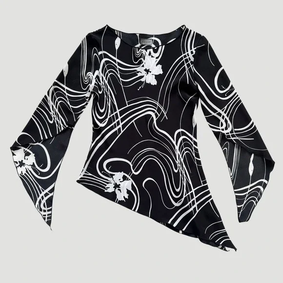 Vintage Ozone USA Black White Asymmetrical Handkerchief Blouse M Y2K Whimsigoth - Picture 11 of 13